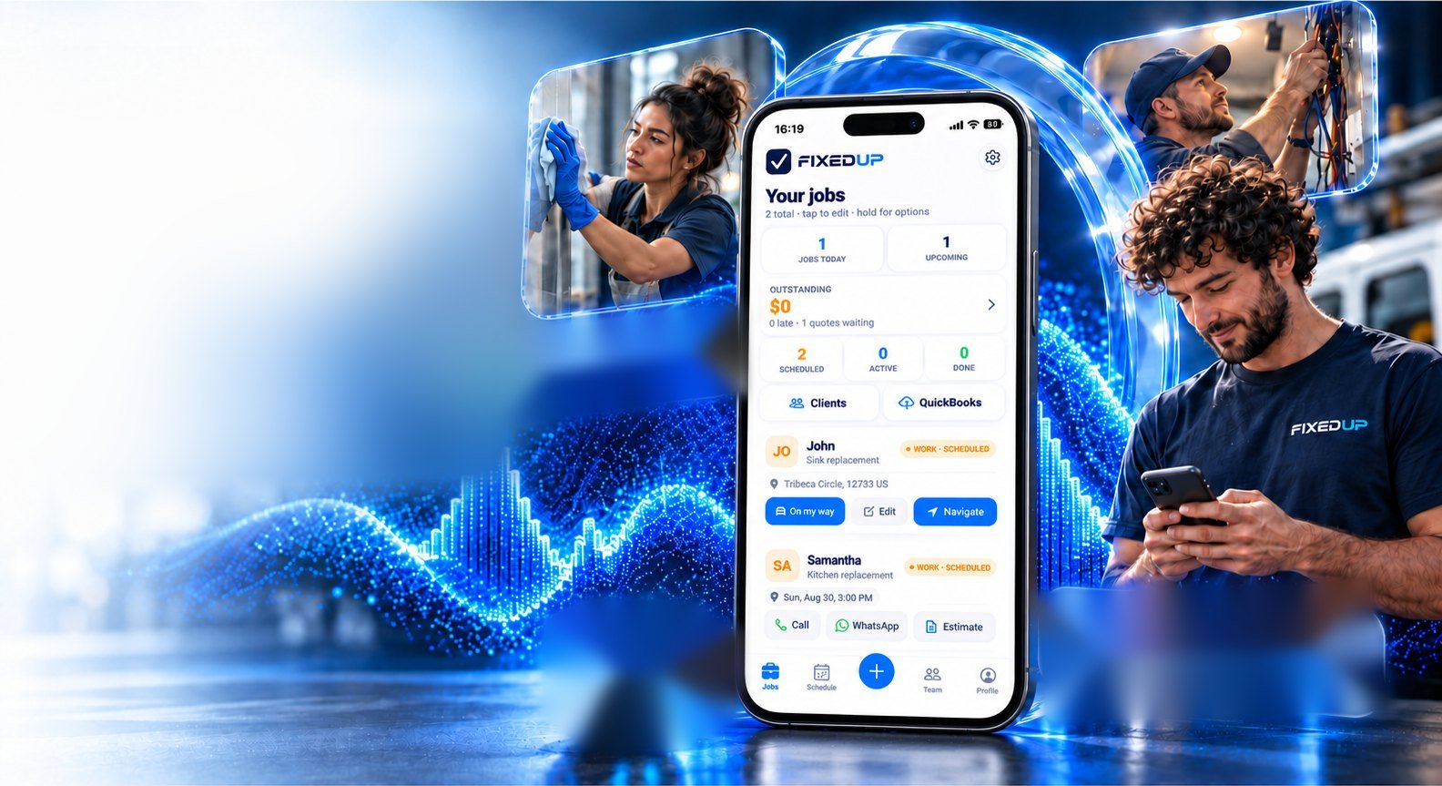 Tradespeople at work around the FixedUp app on a phone, with a glowing blue voice wave