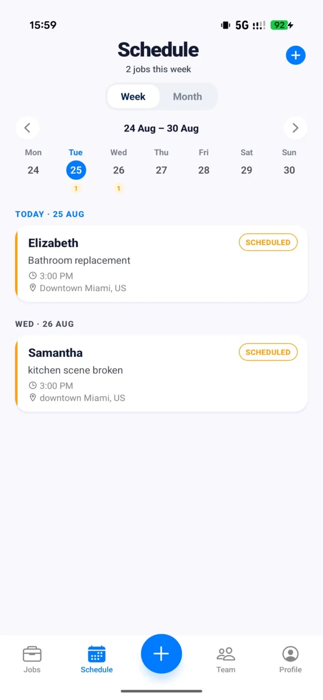 FixedUp schedule screen showing a week with two scheduled jobs