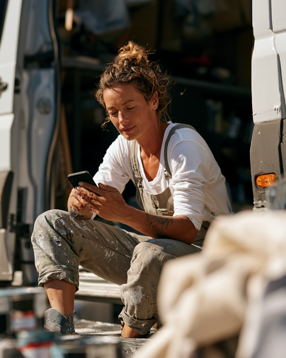 Painter checking a phone at work